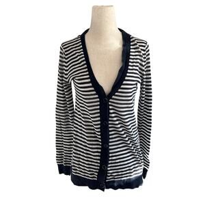 J.Crew French Striped Button-Front Cardigan Sweater Navy/White V Neck Small